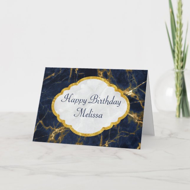 Navy Blue and Gold Marble Modern Stylish Birthday Card (Front)