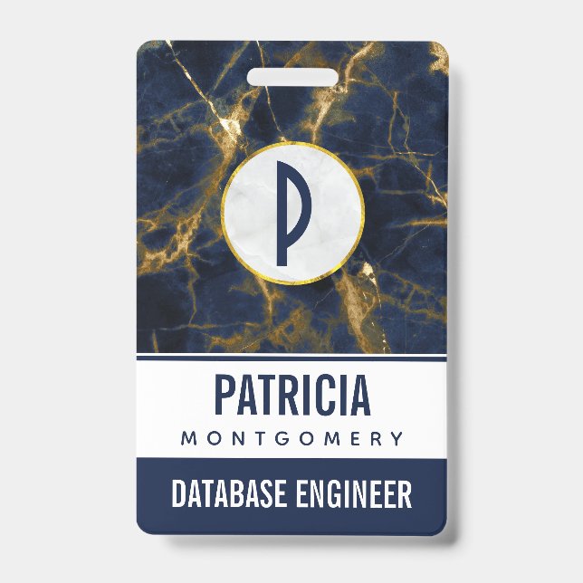 Navy Blue and Gold Marble Modern Stylish ID Badge (Front)