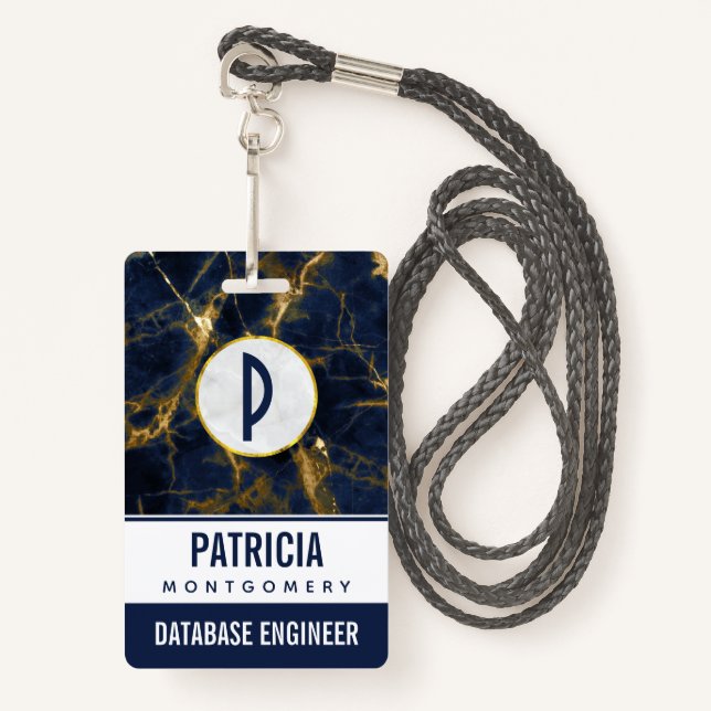 Navy Blue and Gold Marble Modern Stylish ID Badge (Front with Lanyard)