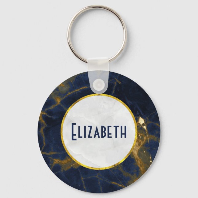 Navy Blue and Gold Marble Modern Stylish Key Ring (Front)