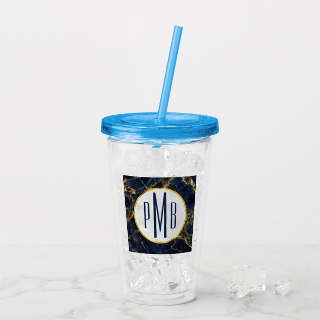 Navy Blue and Gold Marble Modern Stylish Monogram Acrylic Tumbler (Back Ice)