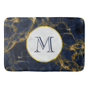 Navy Blue and Gold Marble Modern Stylish Monogram Bath Mat