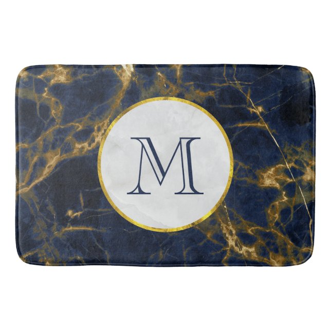 Navy Blue and Gold Marble Modern Stylish Monogram Bath Mat (Front)