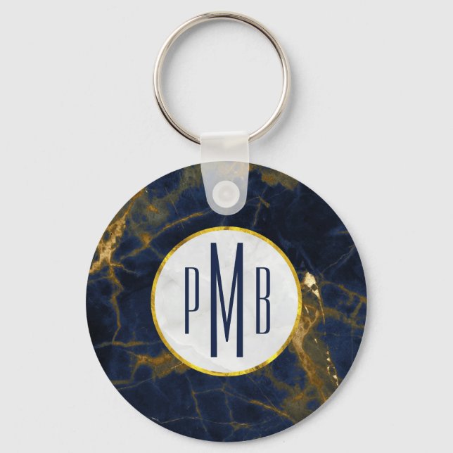 Navy Blue and Gold Marble Modern Stylish Monogram Key Ring (Front)