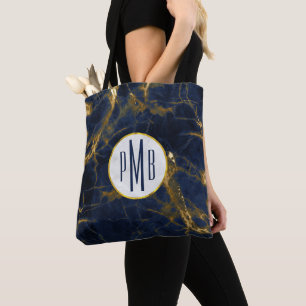 Navy Blue and Gold Marble Modern Stylish Monogram Tote Bag