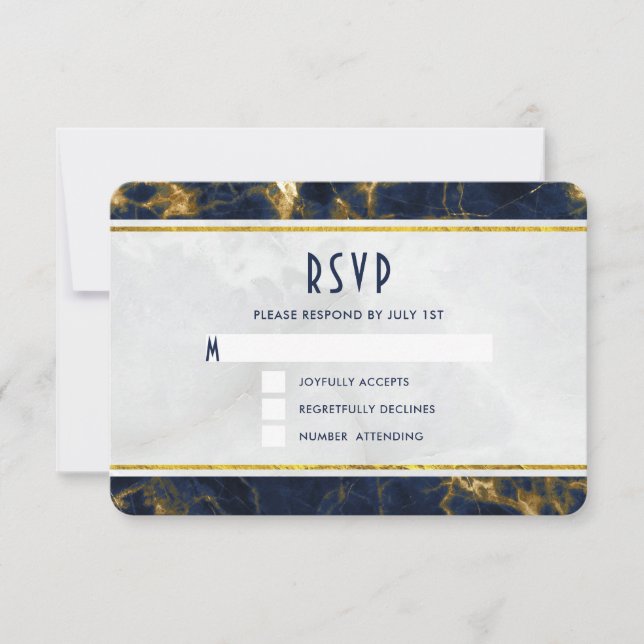 Navy Blue and Gold Marble Modern Stylish Wedding RSVP Card (Front)