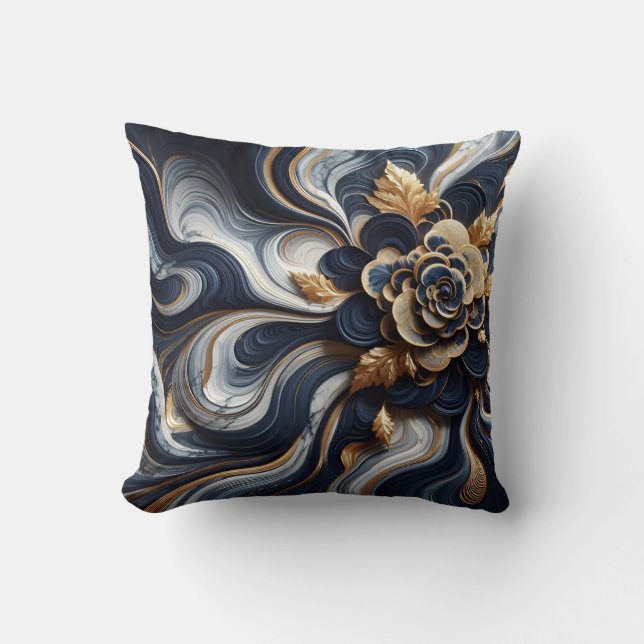 Navy Blue and Gold Marble Painting Abstract Cushion (Front)