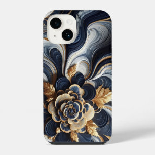 Navy Blue and Gold Marble Painting Abstract iPhone 14 Case