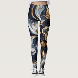 Navy Blue and Gold Marble Painting Abstract Leggings
