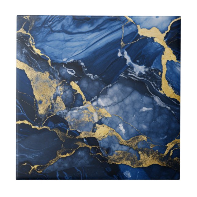 Navy Blue and Gold Marble Pattern Ceramic Tile (Front)