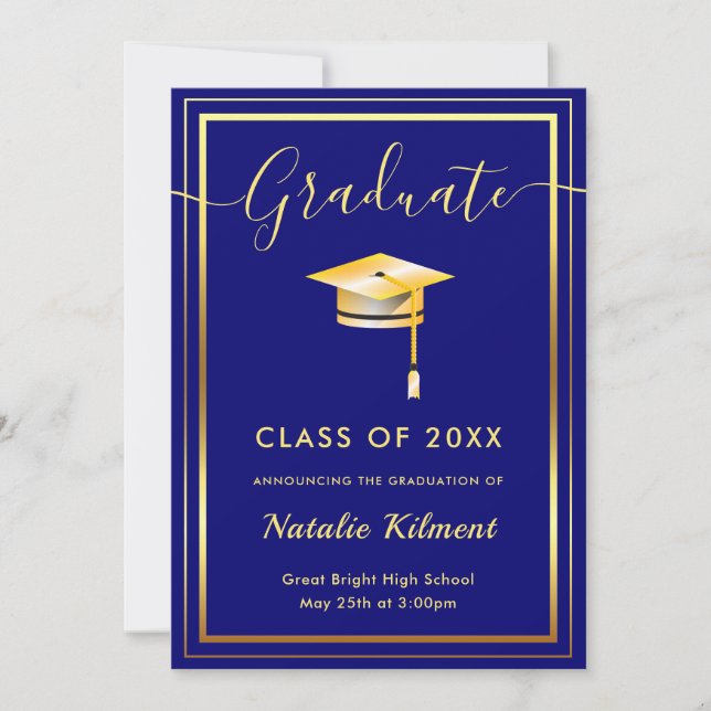 Navy Blue and Gold Modern Graduate Cap Graduation Announcement (Front)