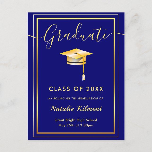 Navy Blue and Gold Modern Graduate Cap Graduation Announcement Postcard (Front)
