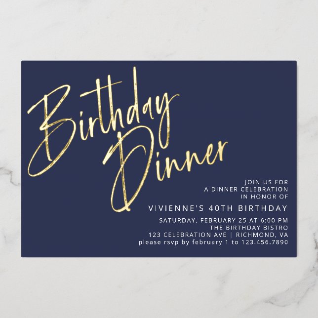 Navy Blue and Gold Modern Minimal Birthday Dinner (Front)