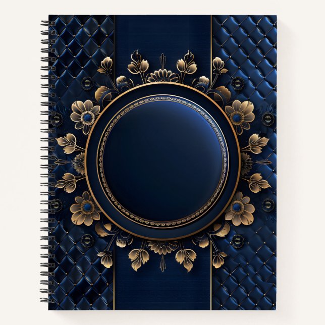 NAVY BLUE AND GOLD MODERN PLAID PATTERN NOTEBOOK (Front)