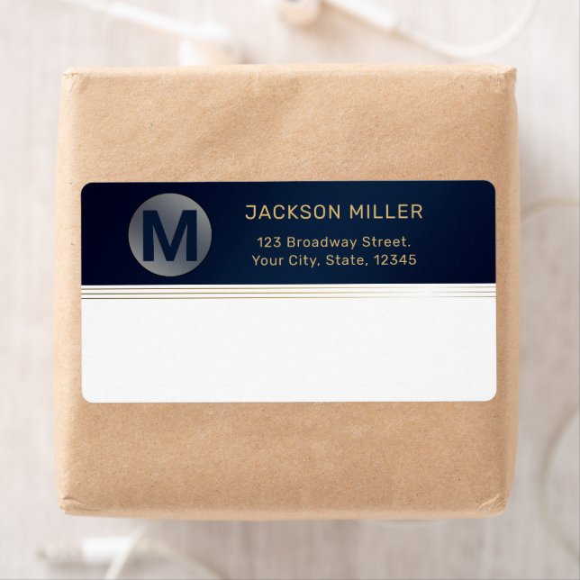 Navy blue and gold modern simple monogram shipping (Insitu)