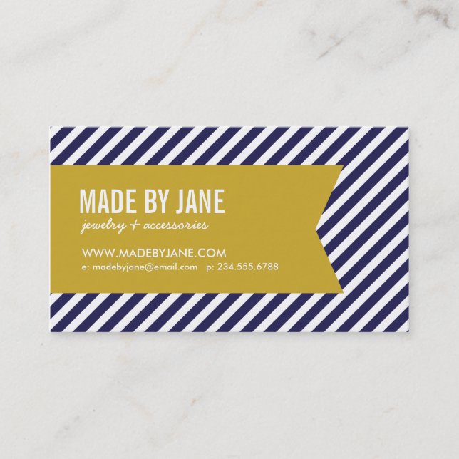 Navy Blue and Gold Modern Stripes and Ribbon Business Card (Front)