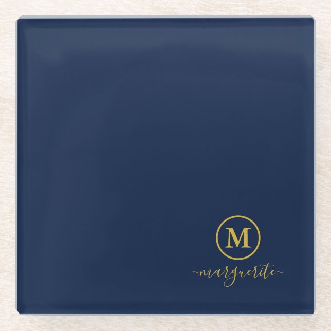 Navy Blue and Gold Monogram Glass Coaster (Front)