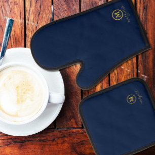 Navy Blue and Gold Monogram Oven Mitt & Pot Holder Set