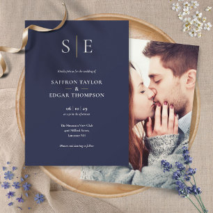 Navy Blue And Gold Monogram Photo Wedding Invitation