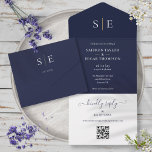 Navy Blue And Gold Monogram QR Code Wedding All In One Invitation<br><div class="desc">This chic minimalist all-in-one wedding invitation can be personalised with your monogram initials and wedding day information on a navy blue background. The invitation includes a perforated RSVP with your wedding website QR code and details. Designed by Thisisnotme©</div>