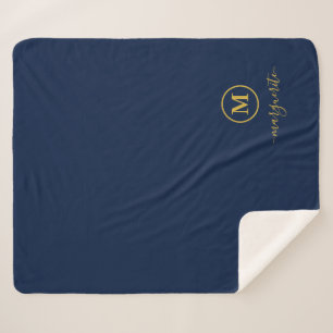 Navy Blue and Gold Monogram Sherpa Blanket