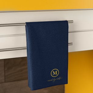 Navy Blue and Gold Monogram Tea Towel