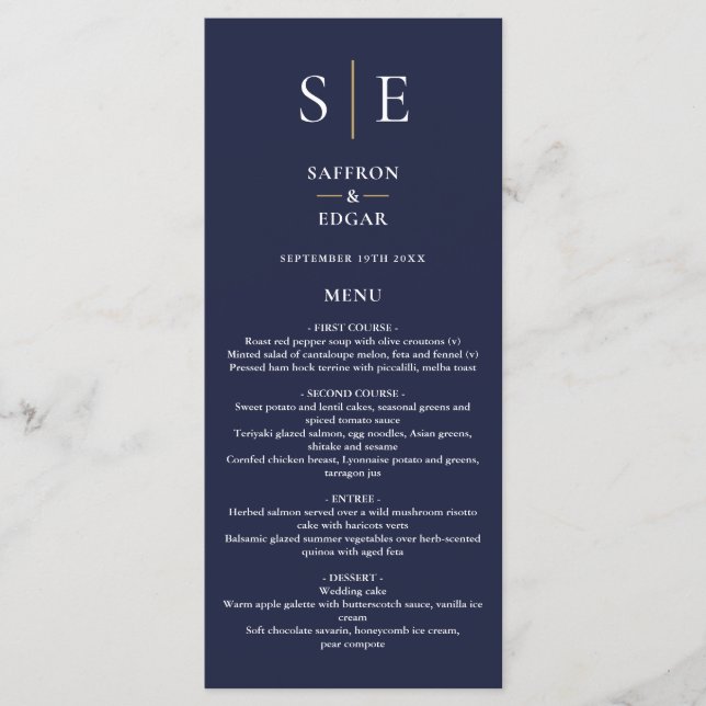 Navy Blue And Gold Monogram Wedding Dinner Menu (Front)