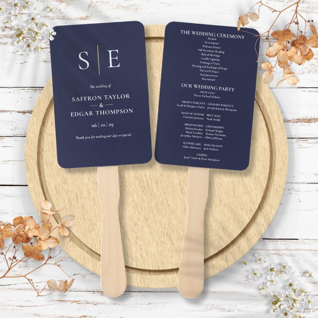 Navy Blue And Gold Monogram Wedding Program Hand Fan (Navy Blue And Gold Monogram Wedding Program Hand Fan)
