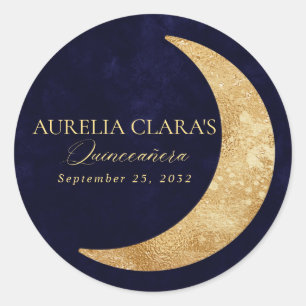 Navy blue and Gold Moon Quinceañera Classic Round Sticker