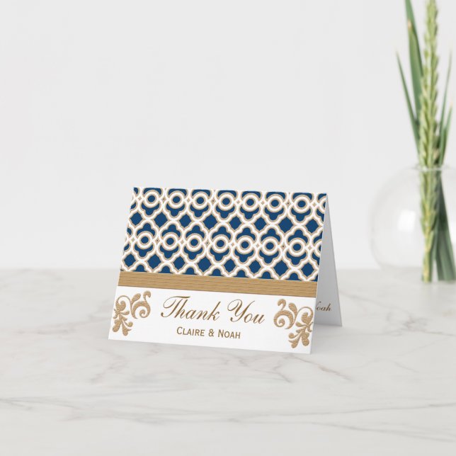 Navy Blue and Gold Moroccan Thank You Wedding Card (Front)