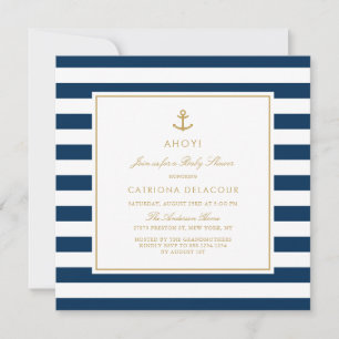 Navy Blue and Gold Nautical Stripes Baby Shower Invitation