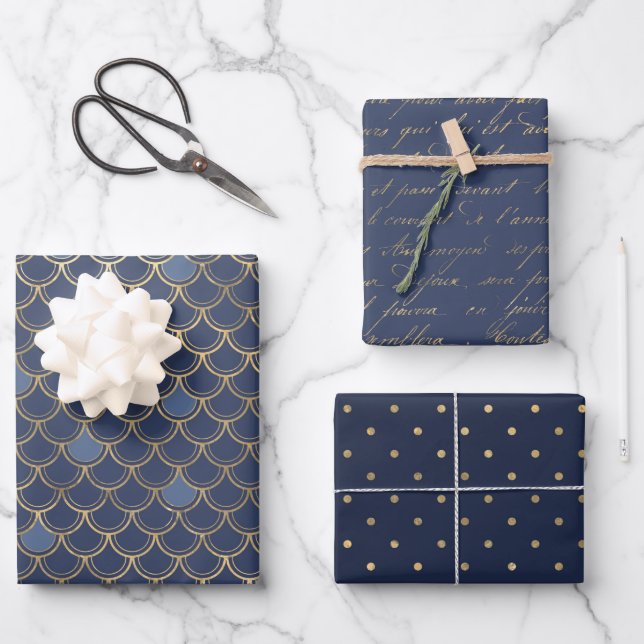 Navy blue and gold ocean themed seamless wrapping paper sheet (Front)