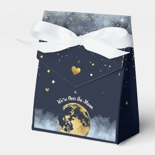 Navy Blue and Gold Over the Moon Baby Shower Favour Box (Front Side)