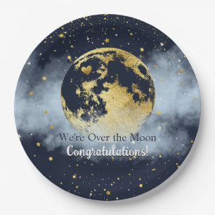 Navy Blue and Gold Over the Moon Congratulations Paper Plate