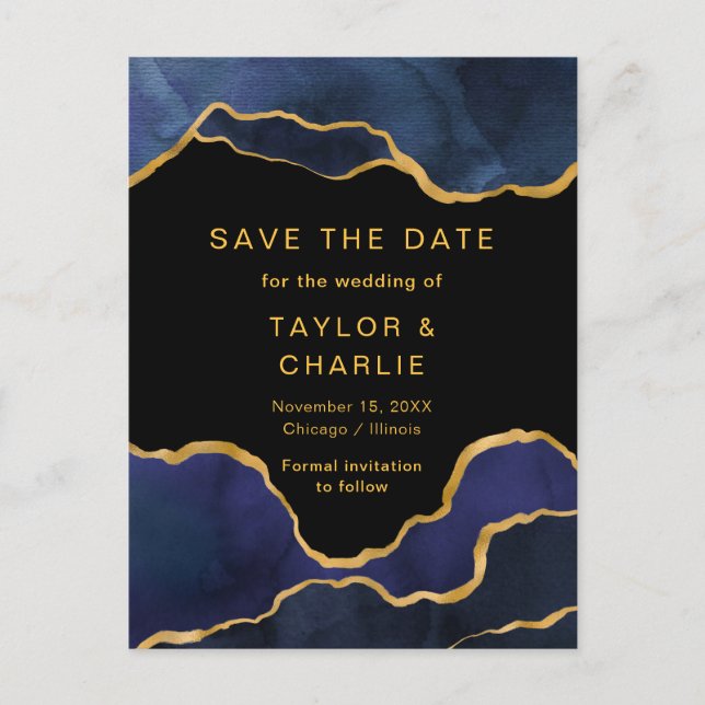 Navy Blue and Gold Painted Agate Save the Date Pos Postcard (Front)