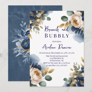 Navy Blue and Gold Peony Brunch and Bubbly Invitation