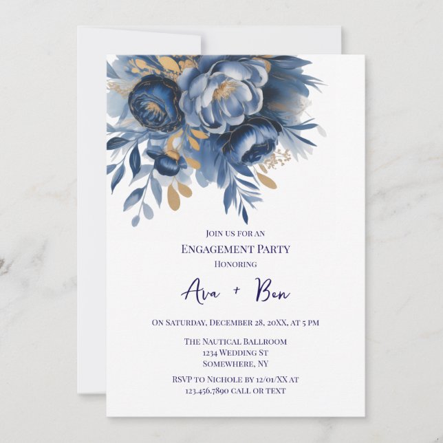 Navy Blue and Gold Peony Flower Engagement Party Invitation (Front)