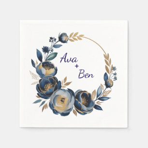 Navy Blue and Gold Peony Flower Wedding Napkin