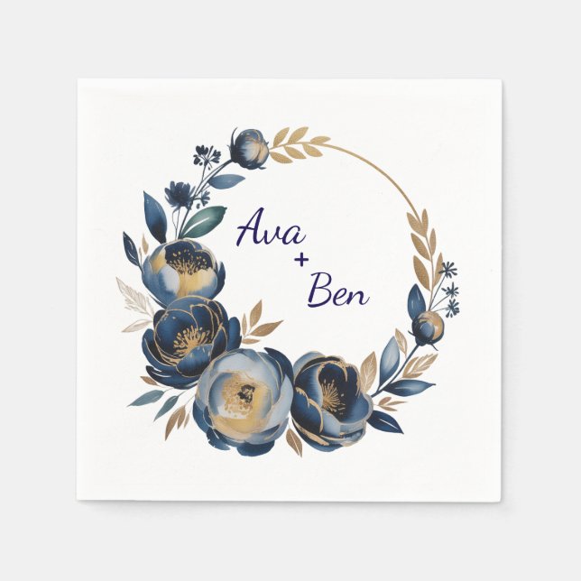 Navy Blue and Gold Peony Flower Wedding Napkin (Front)