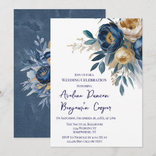 Navy Blue and Gold Peony Wedding Celebration Invitation