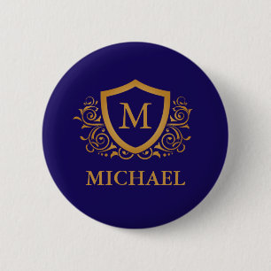 Navy Blue and Gold Personalised Monogram Name 6 Cm Round Badge