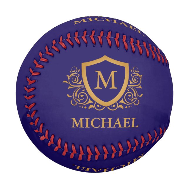 Navy Blue and Gold Personalised Monogram Name Baseball (Front Left)