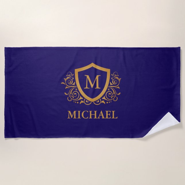 Navy Blue and Gold Personalised Monogram Name Beach Towel (Front)