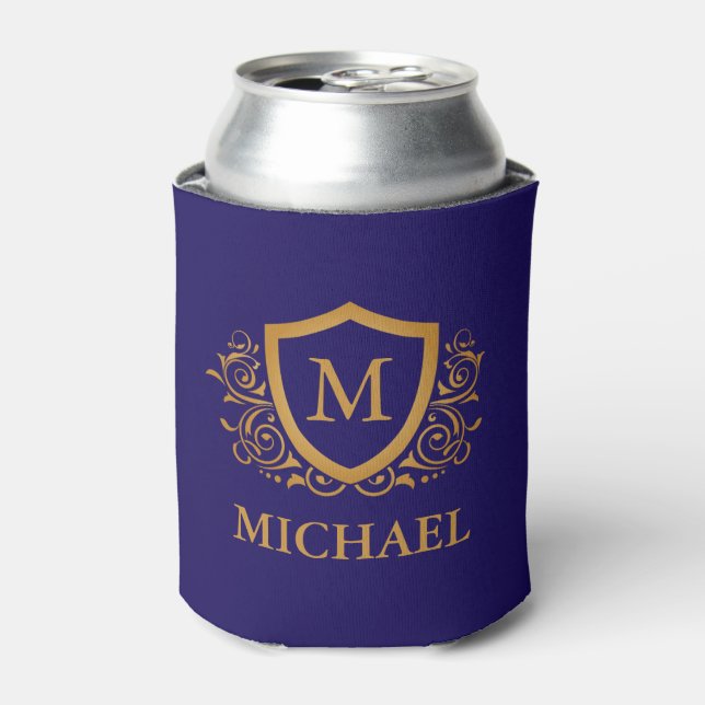 Navy Blue and Gold Personalised Monogram Name Can Cooler (Can Front)