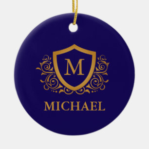 Navy Blue and Gold Personalised Monogram Name Ceramic Ornament