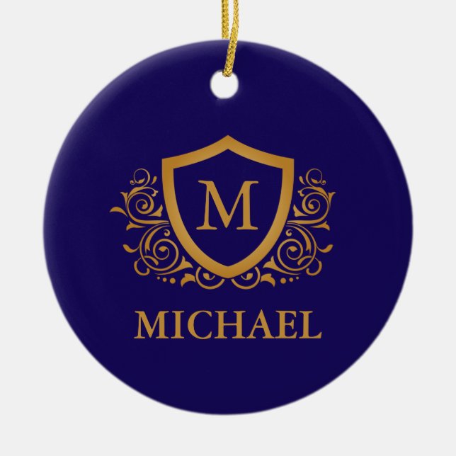 Navy Blue and Gold Personalised Monogram Name Ceramic Ornament (Front)