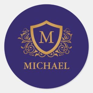 Navy Blue and Gold Personalised Monogram Name Classic Round Sticker
