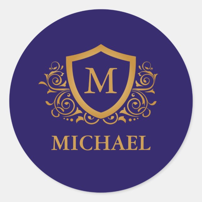 Navy Blue and Gold Personalised Monogram Name Classic Round Sticker (Front)