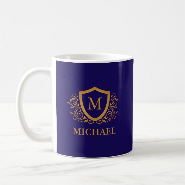 Navy Blue and Gold Personalised Monogram Name Coffee Mug (Left)