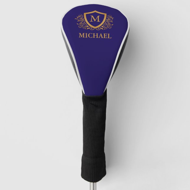 Navy Blue and Gold Personalised Monogram Name Golf Head Cover (Front)